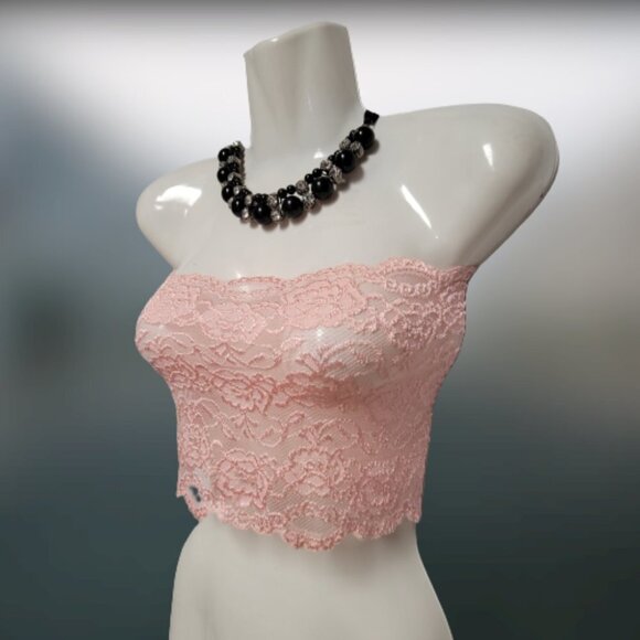 Pink See Through Elastic Lace Bandeau Strapless Lace Tube Top Lace Crop Top - Picture 2 of 9